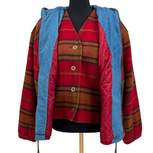 Fleet Street Sport Wool Blend Hooded Red Plaid Vest Coat Jacket Zipper Medium - Picture 2 of 6